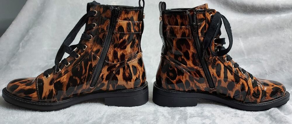 Alex Marie Glossy Leopard Print Boot with Chunky Sole and Jeweled Buckle Size 8M